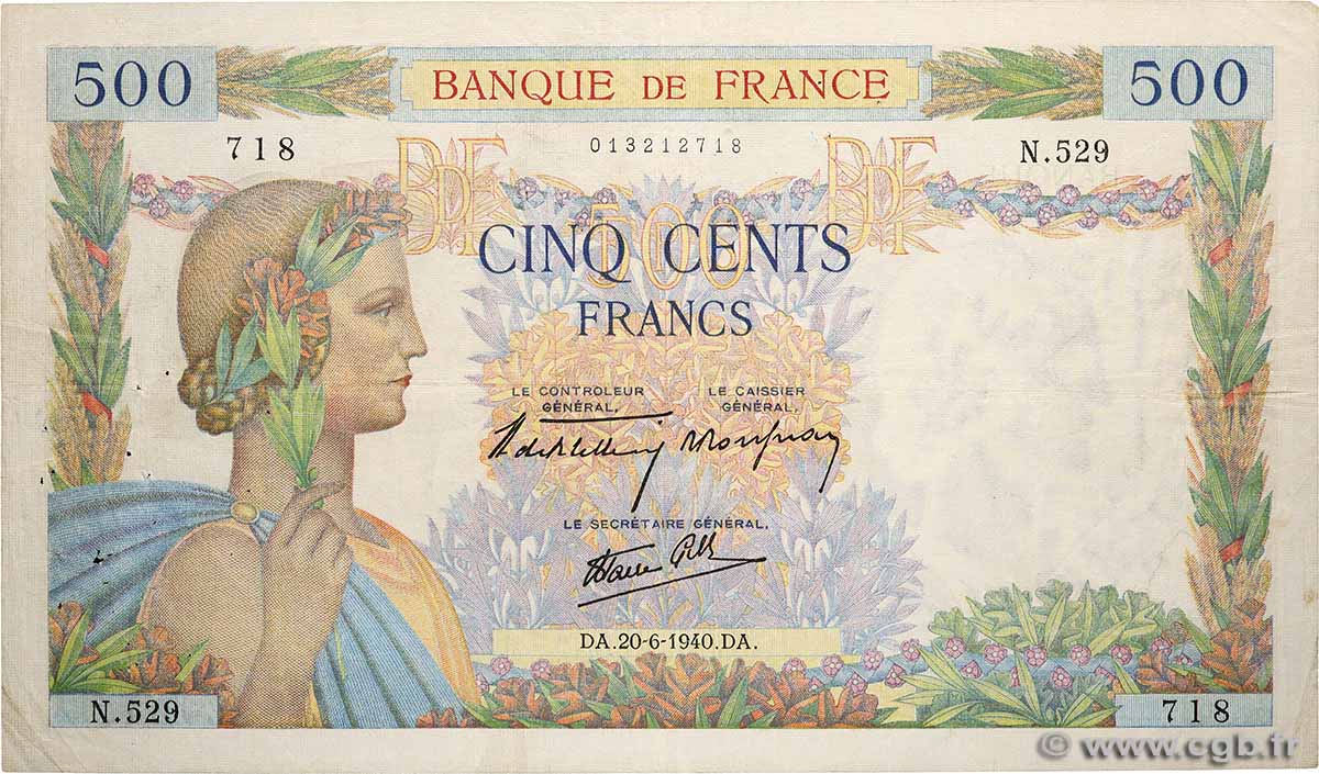 500 Francs LA PAIX FRANCE  1940 F.32.03 pr.TTB