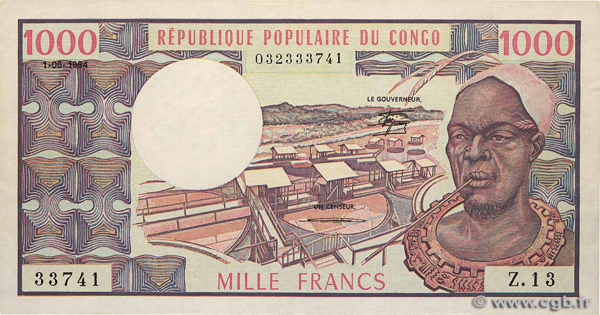 1000 Francs type 1973 CONGO  1984 A.213h VF+