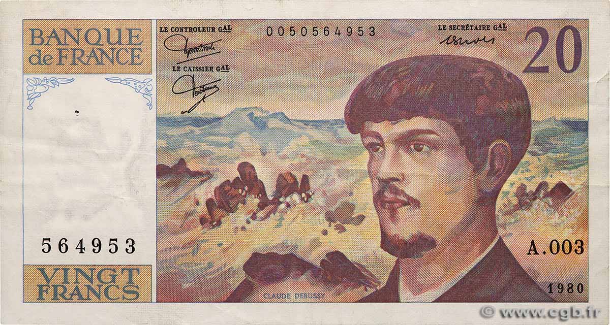 20 Francs DEBUSSY FRANCE  1980 F.66.01A3 VF-