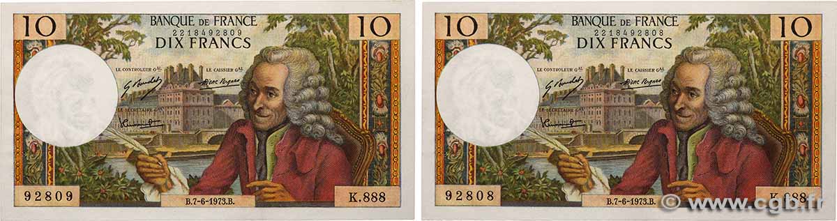 10 Francs VOLTAIRE Consécutifs FRANCE  1973 F.62.62 AU