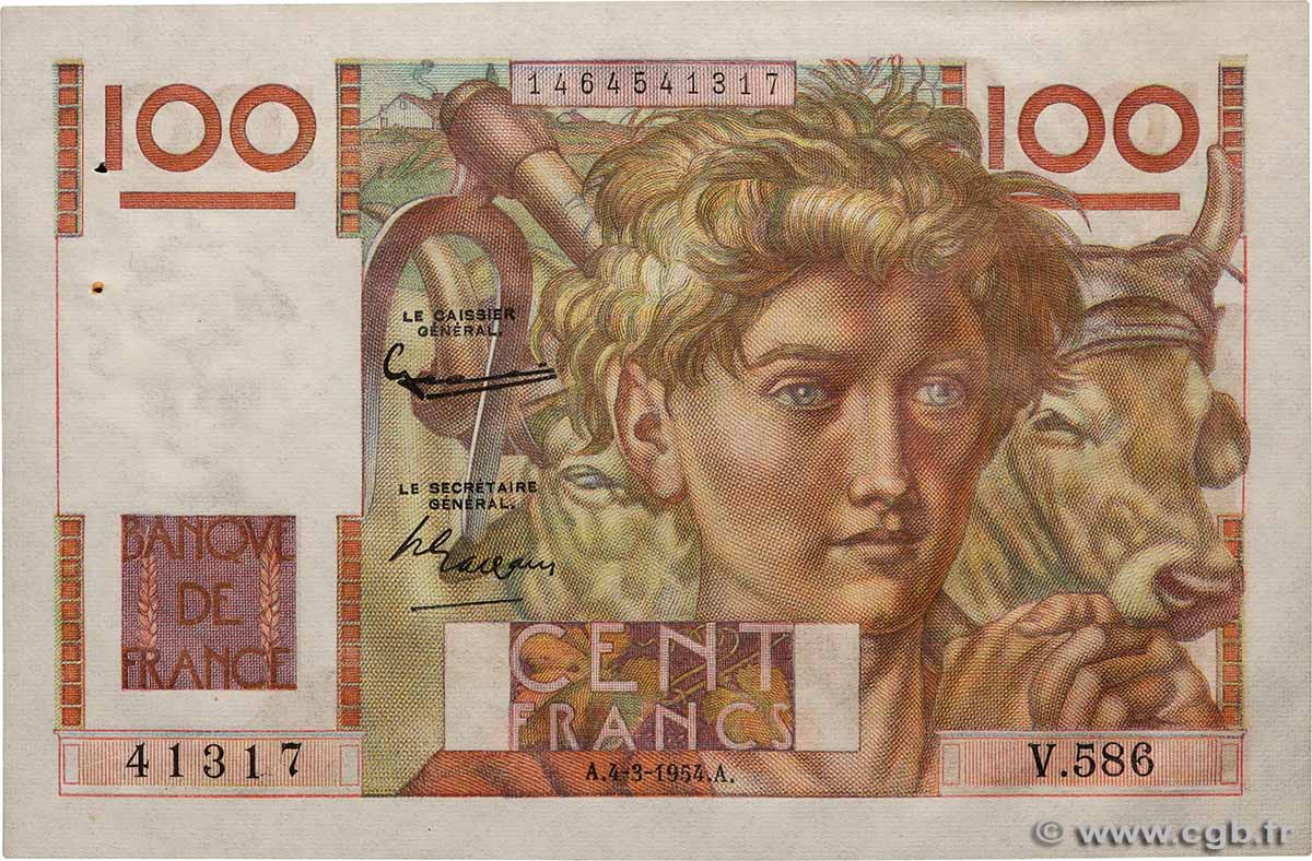 100 Francs JEUNE PAYSAN FRANCE  1954 F.28.42 AU-