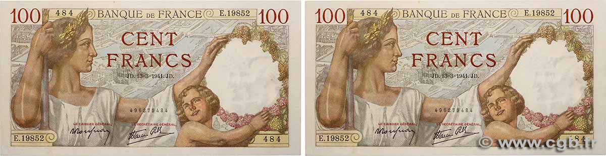 100 Francs SULLY Lot FRANCE  1941 F.26.48 UNC-