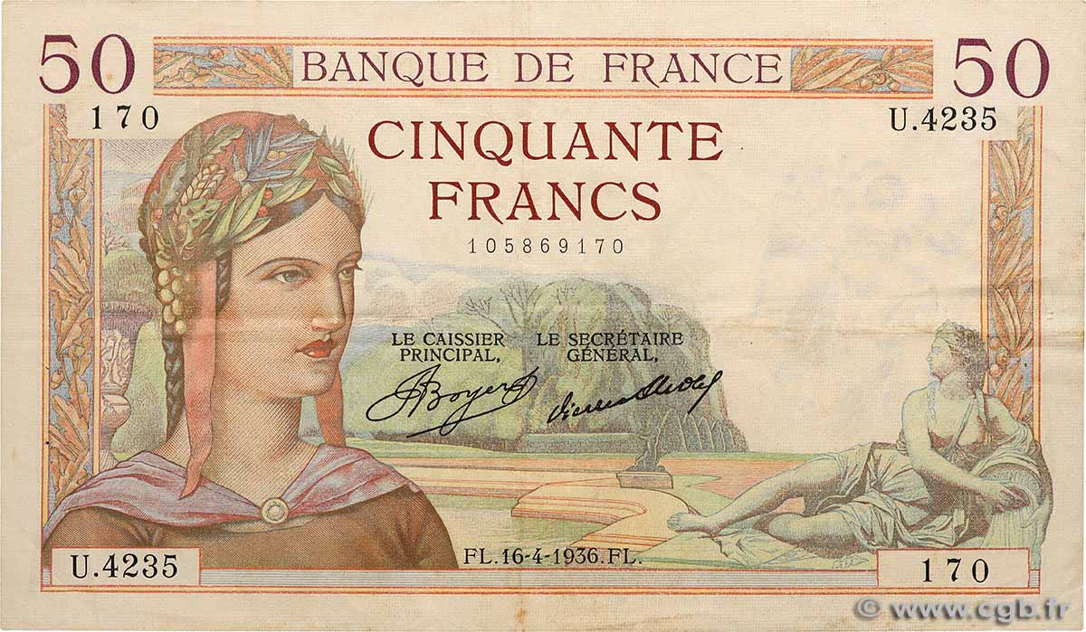50 Francs CÉRÈS FRANKREICH  1936 F.17.24 SS