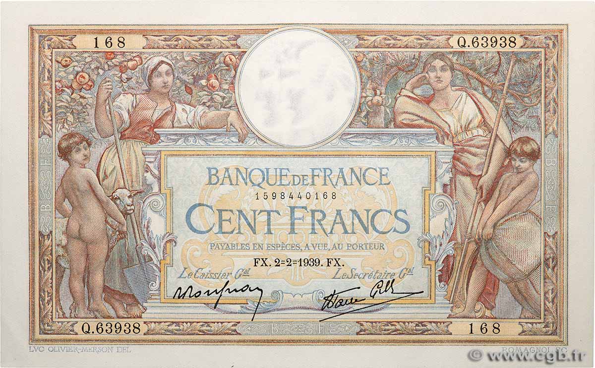 100 Francs LUC OLIVIER MERSON type modifié FRANCE  1939 F.25.41 AU+