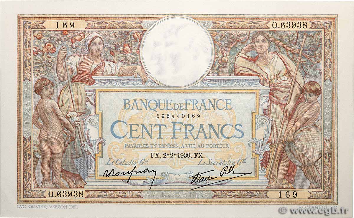 100 Francs LUC OLIVIER MERSON type modifié FRANCE  1939 F.25.41 AU+