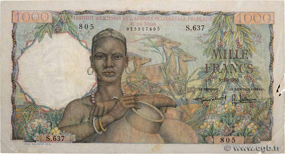1000 Francs AFRIQUE OCCIDENTALE FRANÇAISE (1895-1958)  1955 P.48 TB