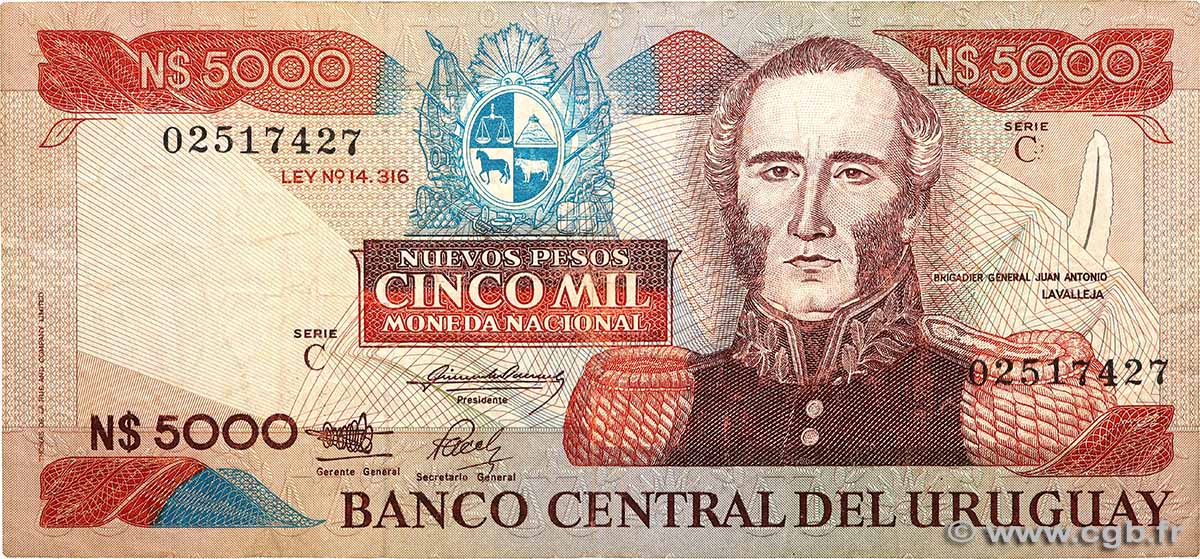 5000 Nuevos Pesos URUGUAY  1983 P.065a VG