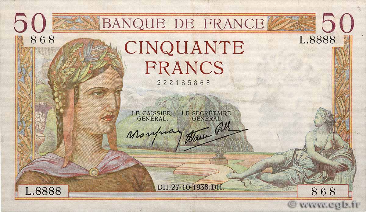 50 Francs CÉRÈS modifié Numéro radar FRANCE  1938 F.18.17 TTB