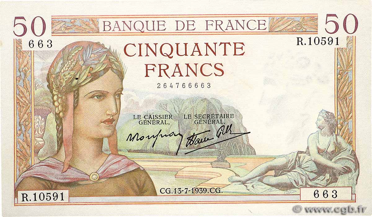 50 Francs CÉRÈS modifié FRANCE  1939 F.18.28 XF