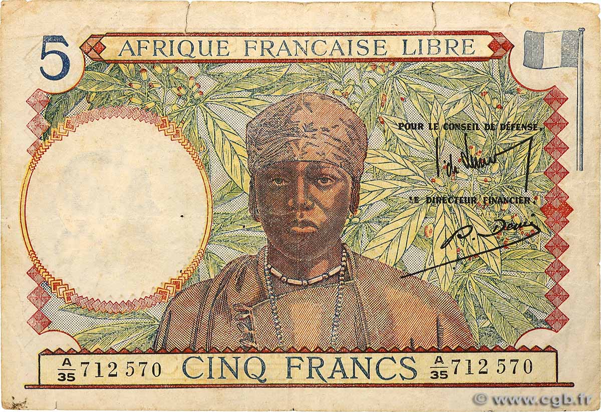 5 Francs type 1941 AFRIQUE ÉQUATORIALE FRANÇAISE  1943 A.114e fS