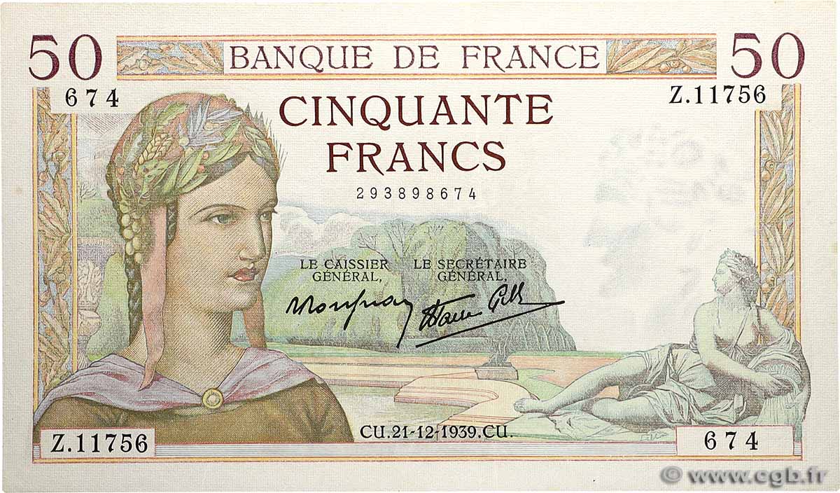 50 Francs CÉRÈS modifié FRANCE  1939 F.18.36 XF+