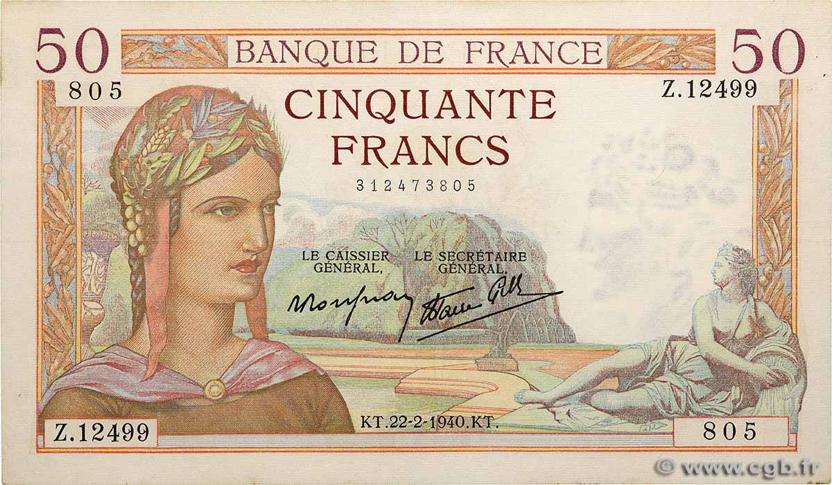 50 Francs CÉRÈS modifié FRANKREICH  1940 F.18.39 VZ
