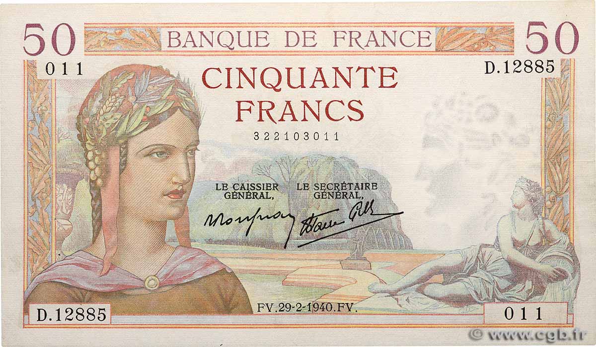 50 Francs CÉRÈS modifié FRANCE  1940 F.18.40 XF-