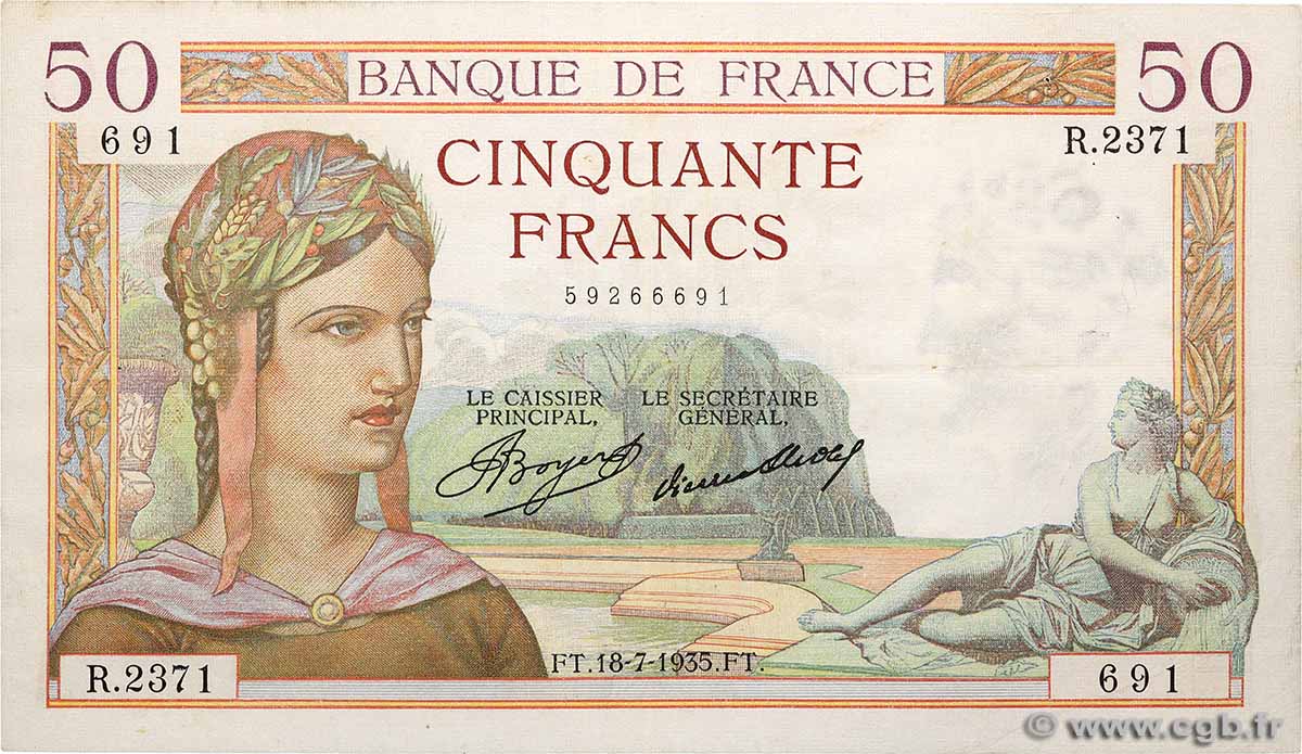50 Francs CÉRÈS FRANCE  1935 F.17.13 VF
