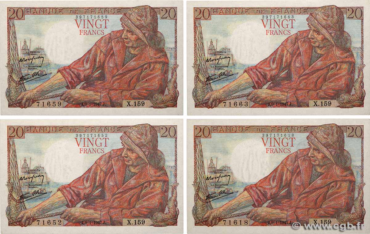 20 Francs PÊCHEUR Lot FRANKREICH  1947 F.13.11 fST+