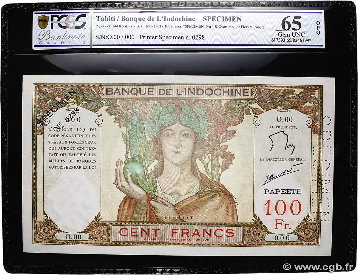 100 Francs Spécimen TAHITI  1961 P.14ds UNC