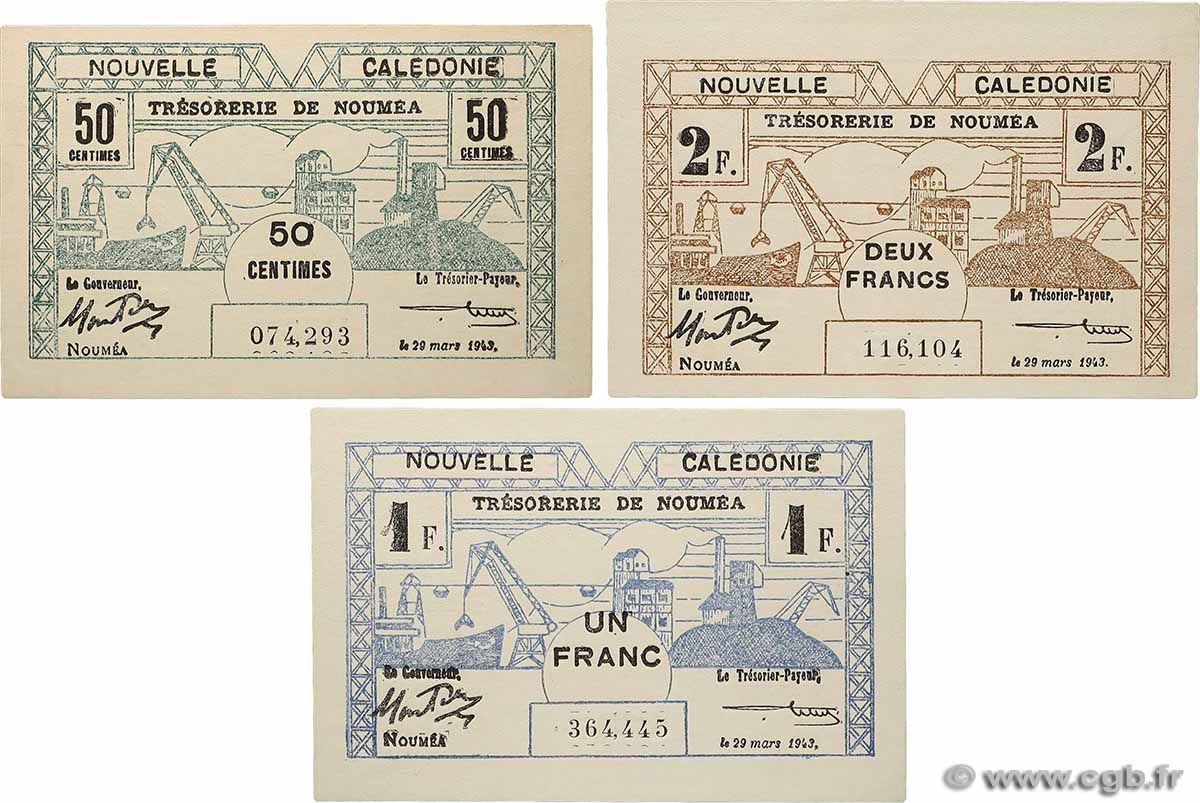 50 Centimes et 1, 2 Francs Lot NOUVELLE CALÉDONIE  1943 P.54, P.55 et P.56b UNC