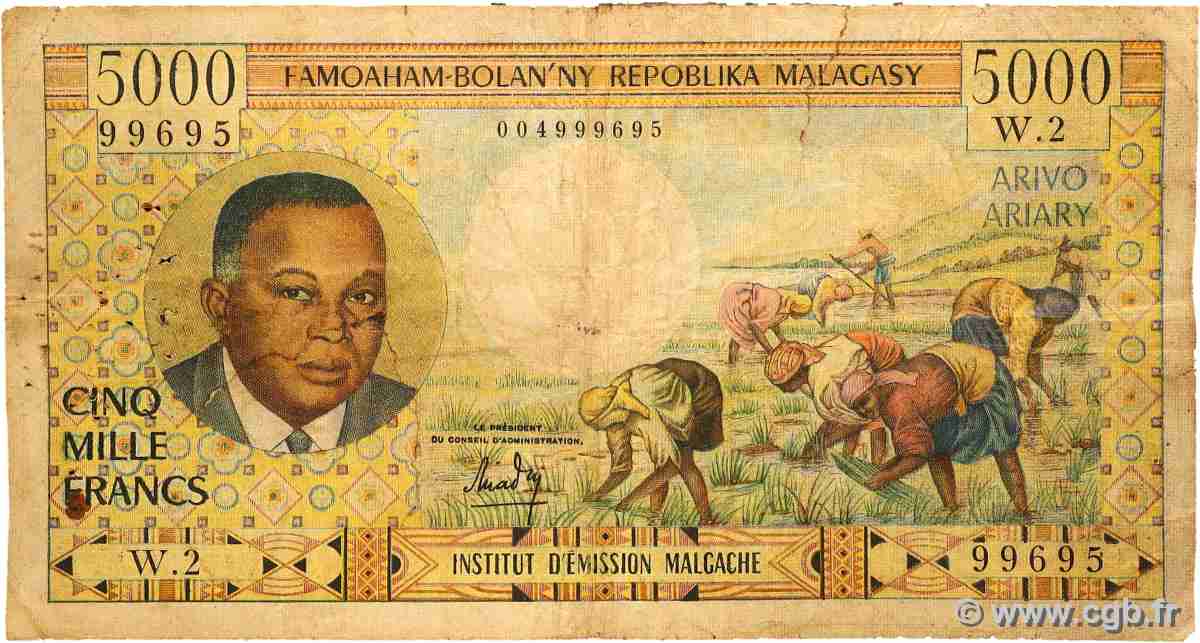 5000 Francs - 1000 Ariary MADAGASKAR  1966 P.060a SGE