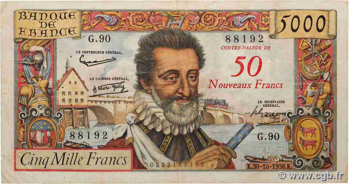 50 NF sur 5000 Francs HENRI IV FRANKREICH  1958 F.54.01 fSS
