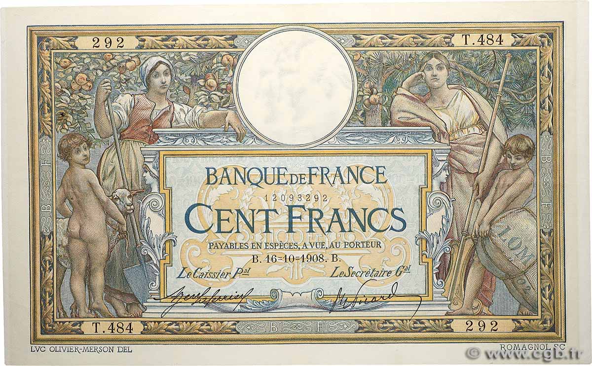 100 Francs LUC OLIVIER MERSON avec LOM Numéro radar FRANCE  1908 F.22.01 XF