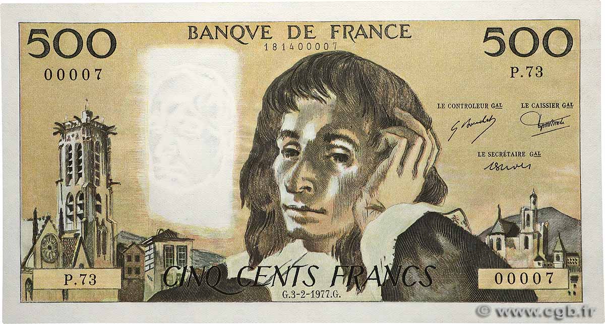 500 Francs PASCAL Numéro spécial FRANCE  1977 F.71.16 NEUF