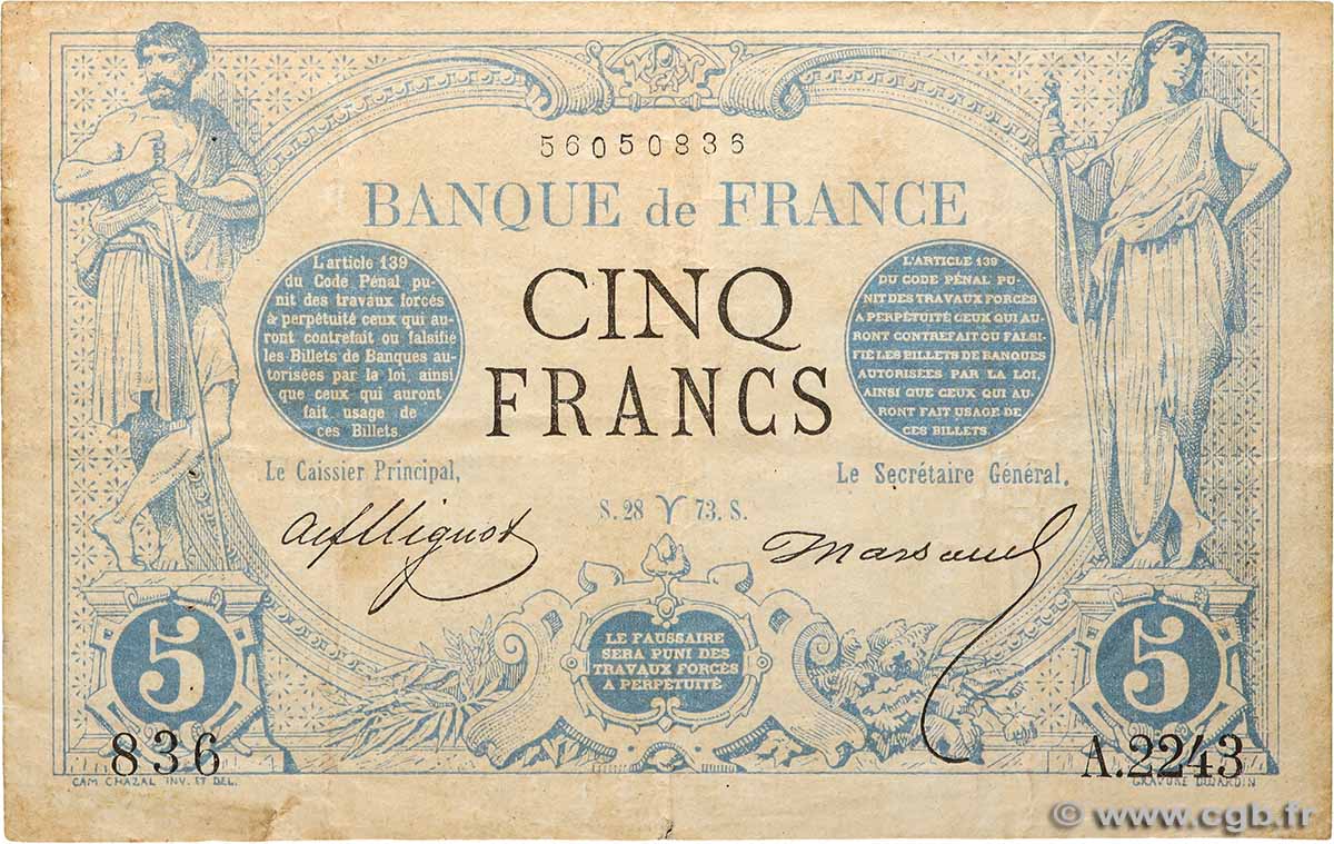 5 Francs NOIR FRANCE  1873 F.01.16 F+