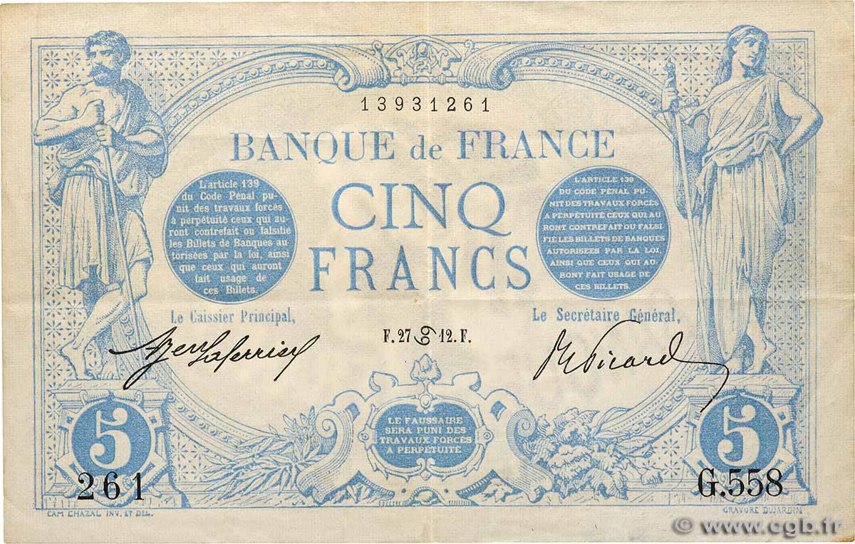 5 Francs BLEU FRANCE  1912 F.02.06 TTB+