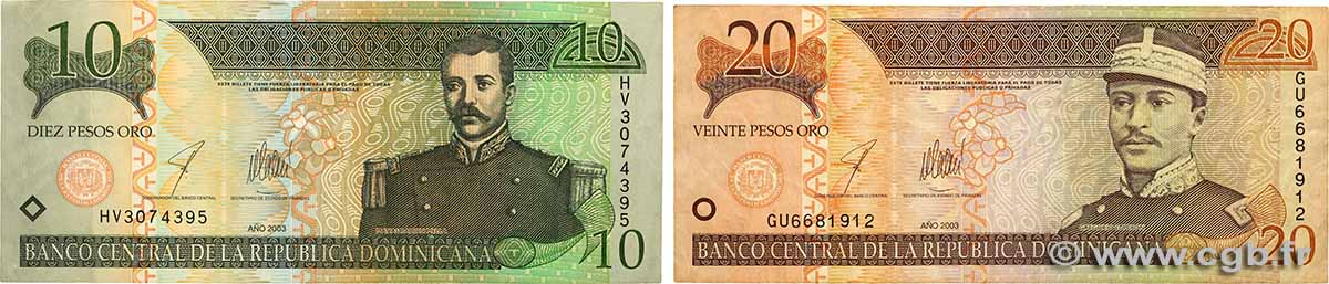 10 et 20 Pesos Oro Lot RÉPUBLIQUE DOMINICAINE  2003 P.168c et P.169c TB à TTB
