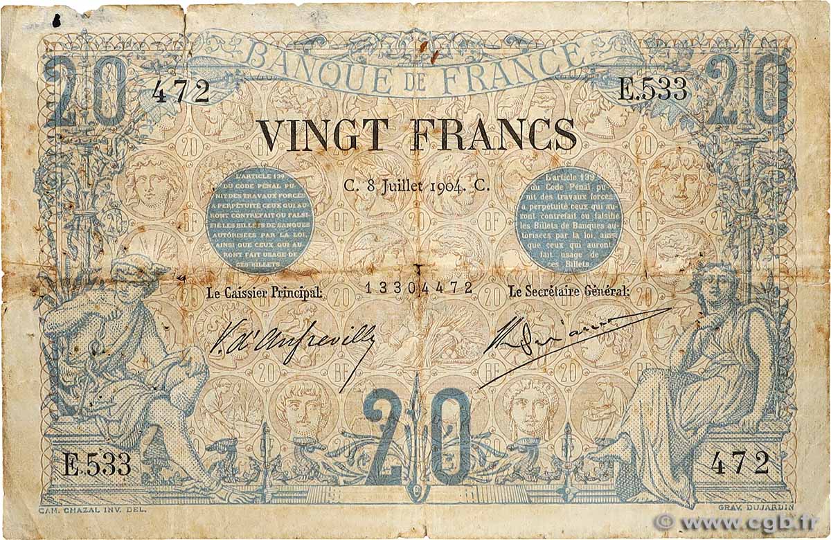 20 Francs NOIR FRANCE  1904 F.09.03 B+