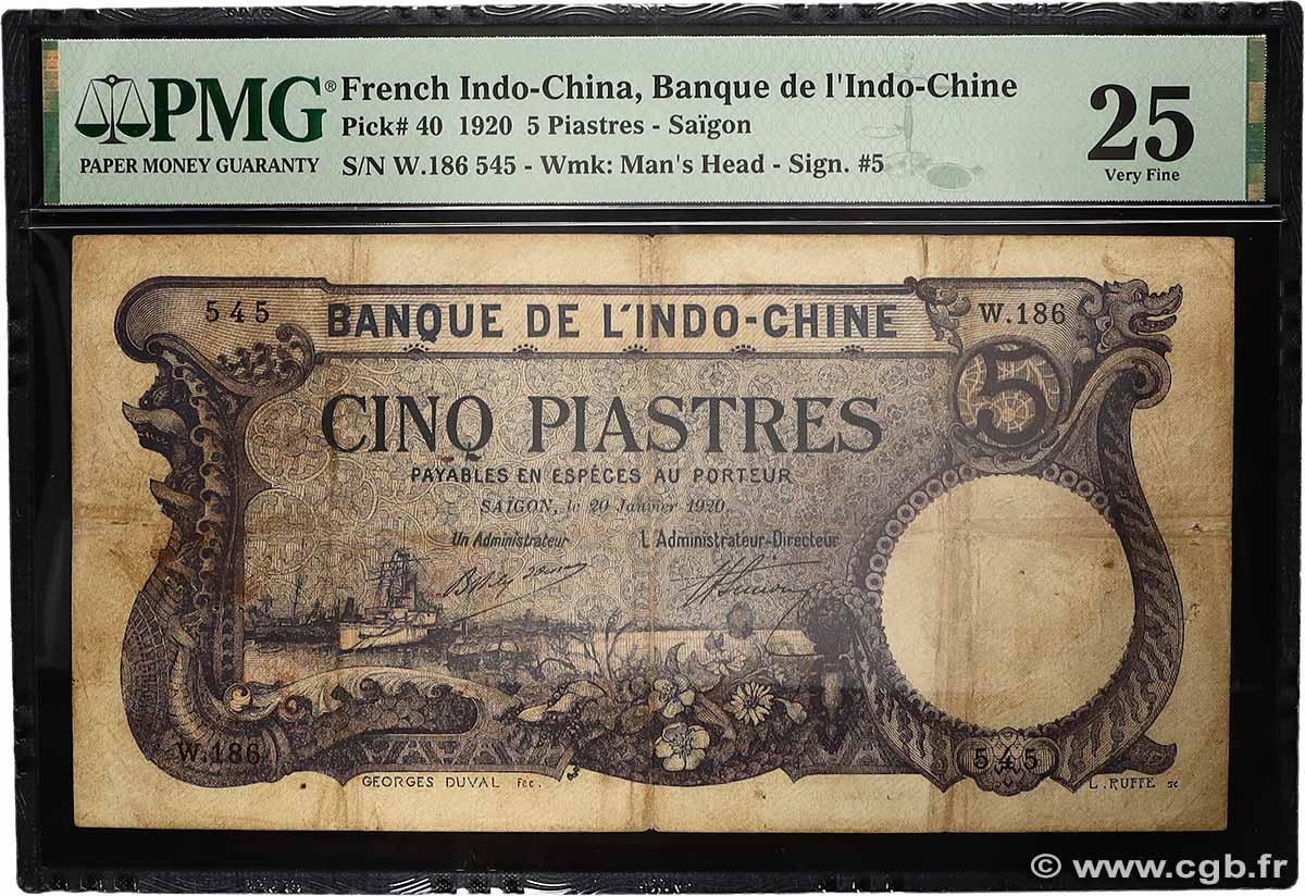 5 Piastres FRENCH INDOCHINA Saïgon 1920 P.040 VF