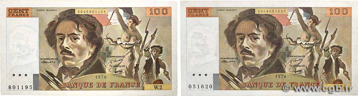 100 Francs DELACROIX Lot FRANCE  1978 F.68.02 et F.69.01a F