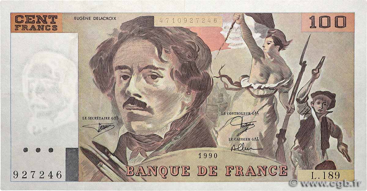 100 Francs DELACROIX imprimé en continu FRANCE  1990 F.69bis.02e2 VF