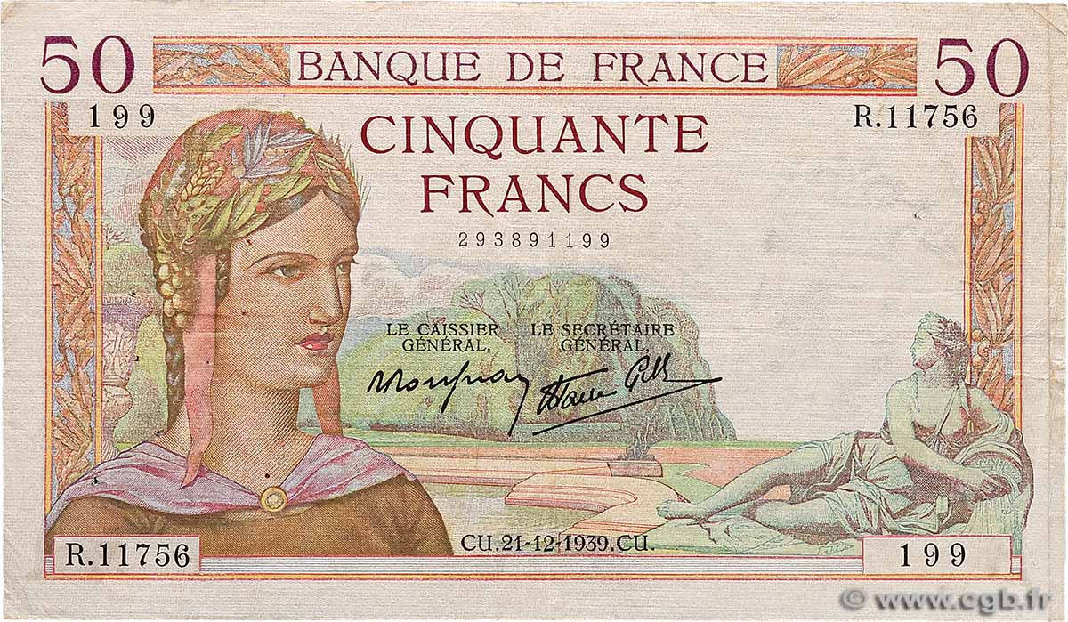 50 Francs CÉRÈS modifié FRANKREICH  1939 F.18.36 fSS