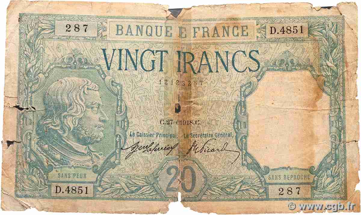 20 Francs BAYARD FRANKREICH  1918 F.11.03a fSGE