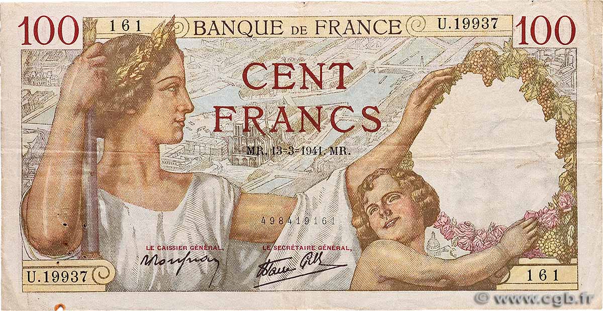 100 Francs SULLY FRANKREICH  1941 F.26.48 S