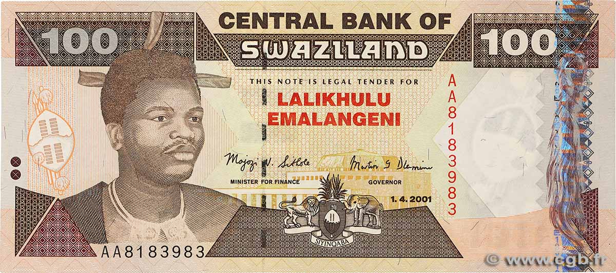 100 Emalangeni SWAZILAND  2001 P.32a NEUF