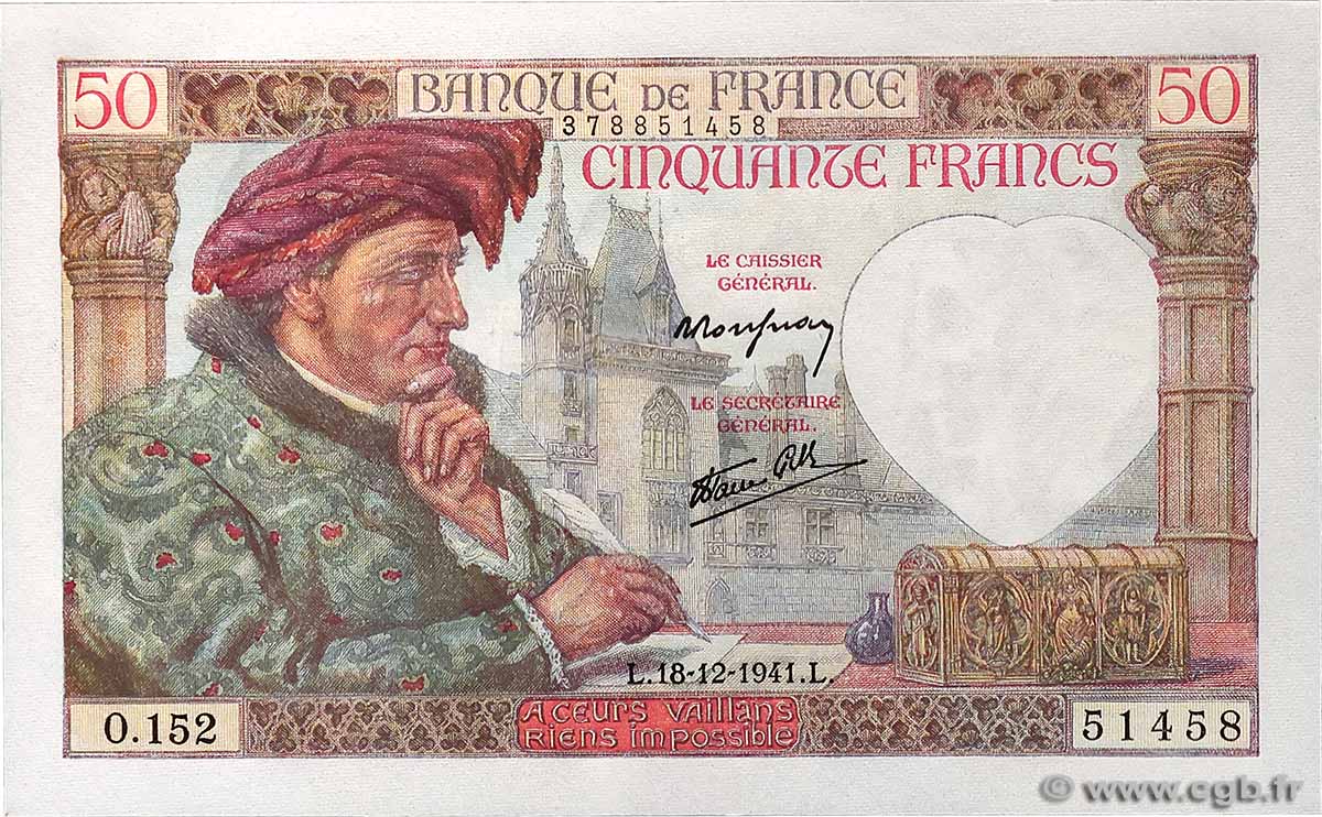 50 Francs JACQUES CŒUR FRANCE  1941 F.19.17 UNC-