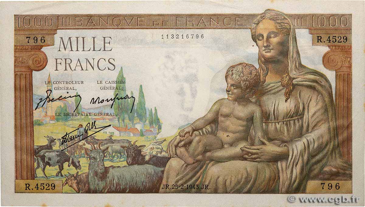 1000 Francs DÉESSE DÉMÉTER FRANKREICH  1943 F.40.20 fST