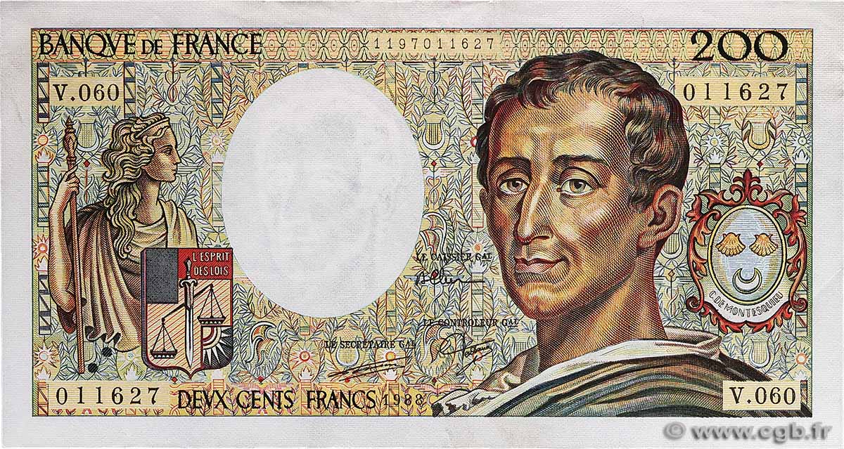 200 Francs MONTESQUIEU FRANKREICH  1988 F.70.08 VZ