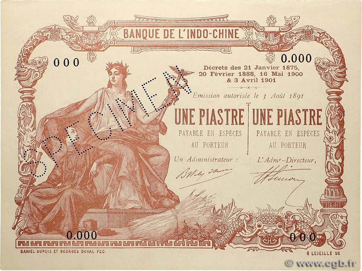 1 Piastre - 1 Piastre Spécimen FRENCH INDOCHINA Saïgon 1909 P.034bs UNC-