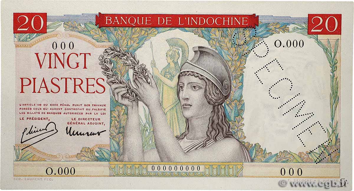 20 Piastres Spécimen INDOCHINE FRANÇAISE  1949 P.081s NEUF