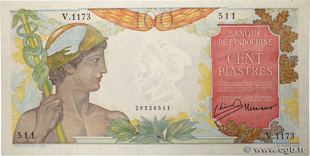 100 Piastres FRENCH INDOCHINA  1947 P.082a AU