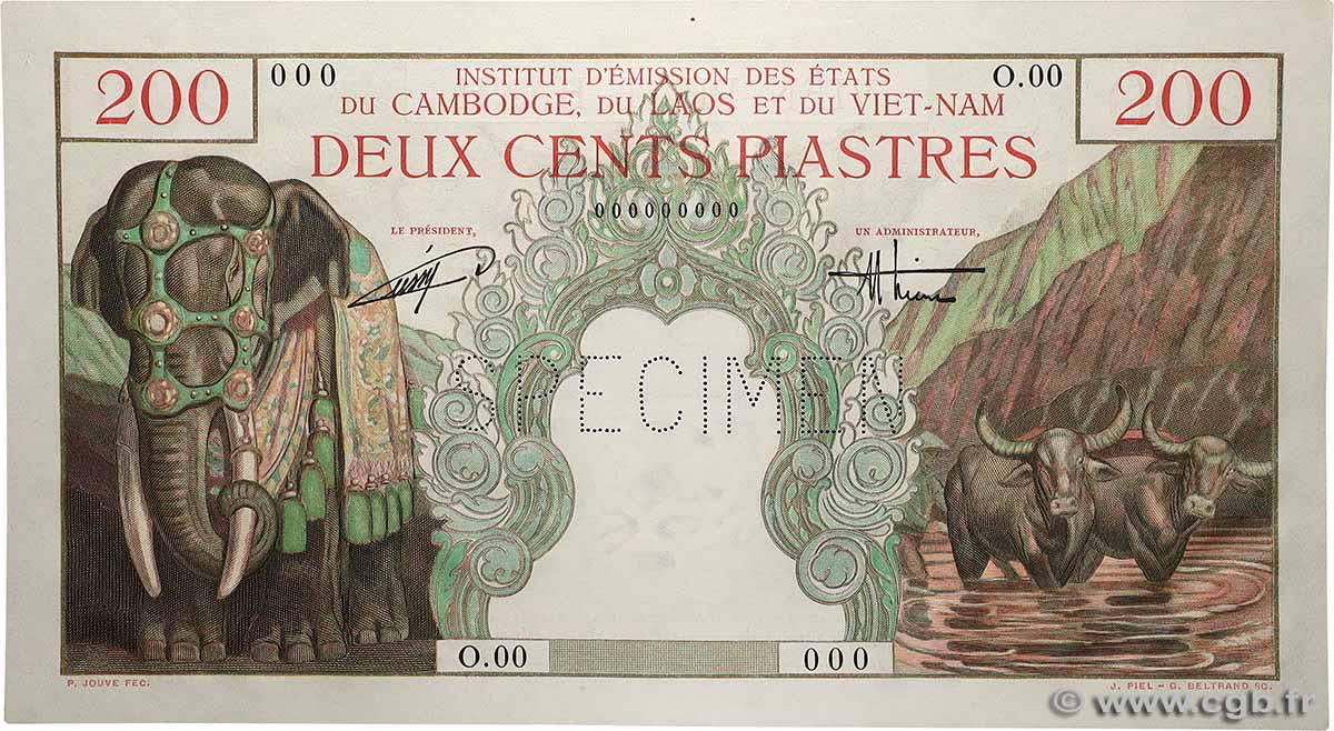 200 Piastres - 200 Dong Spécimen FRENCH INDOCHINA  1953 P.109s UNC-