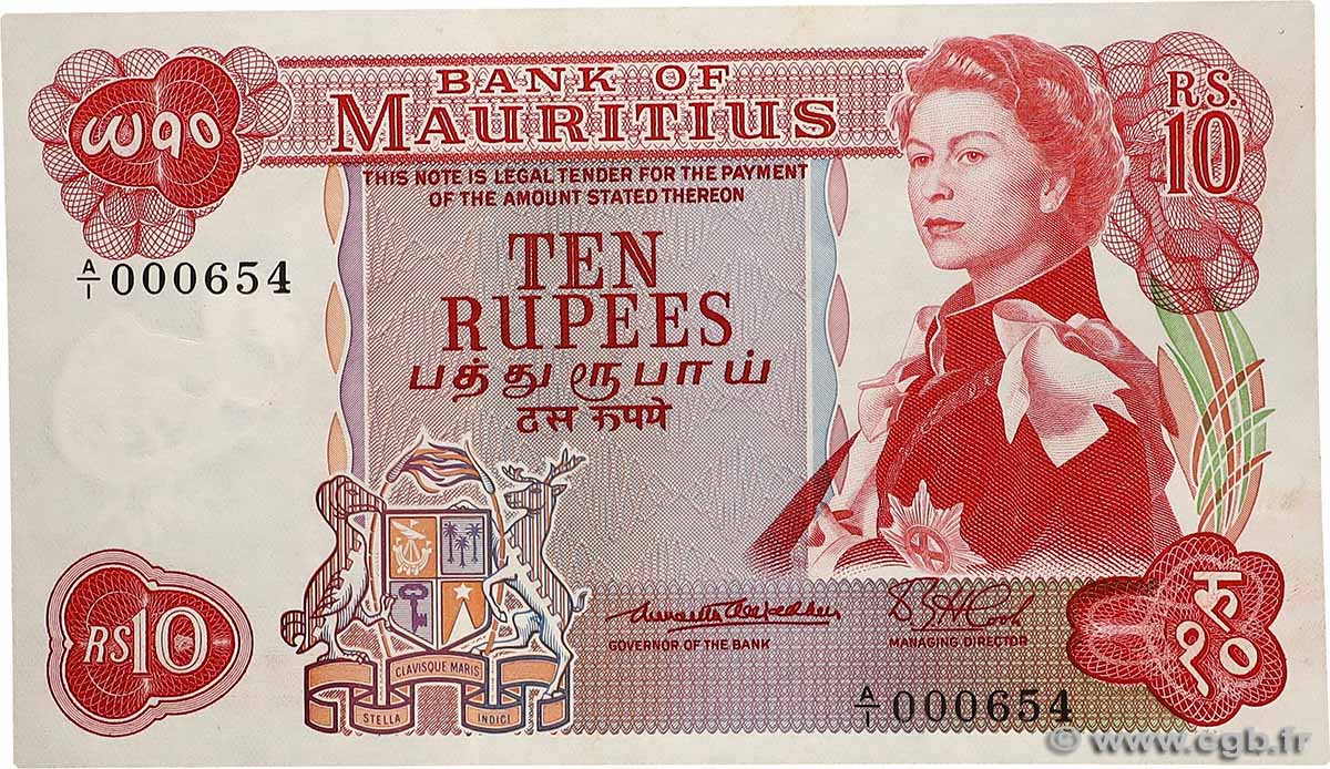 10 Rupees Petit numéro MAURITIUS  1967 P.31a UNC-
