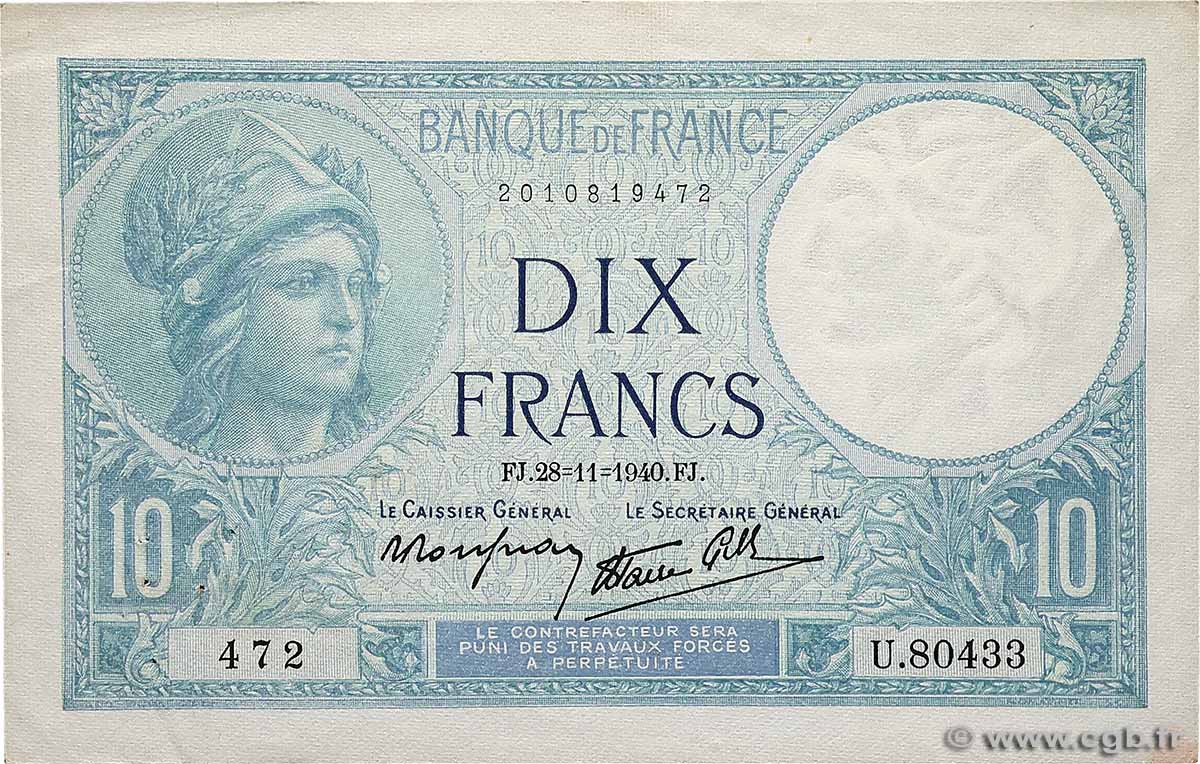 10 Francs MINERVE modifié FRANKREICH  1940 F.07.22 fVZ
