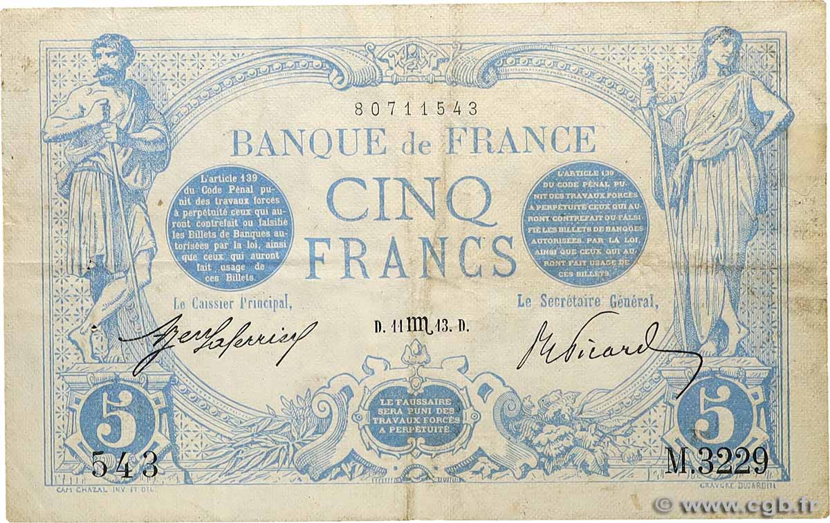5 Francs BLEU FRANCE  1913 F.02.21 F+
