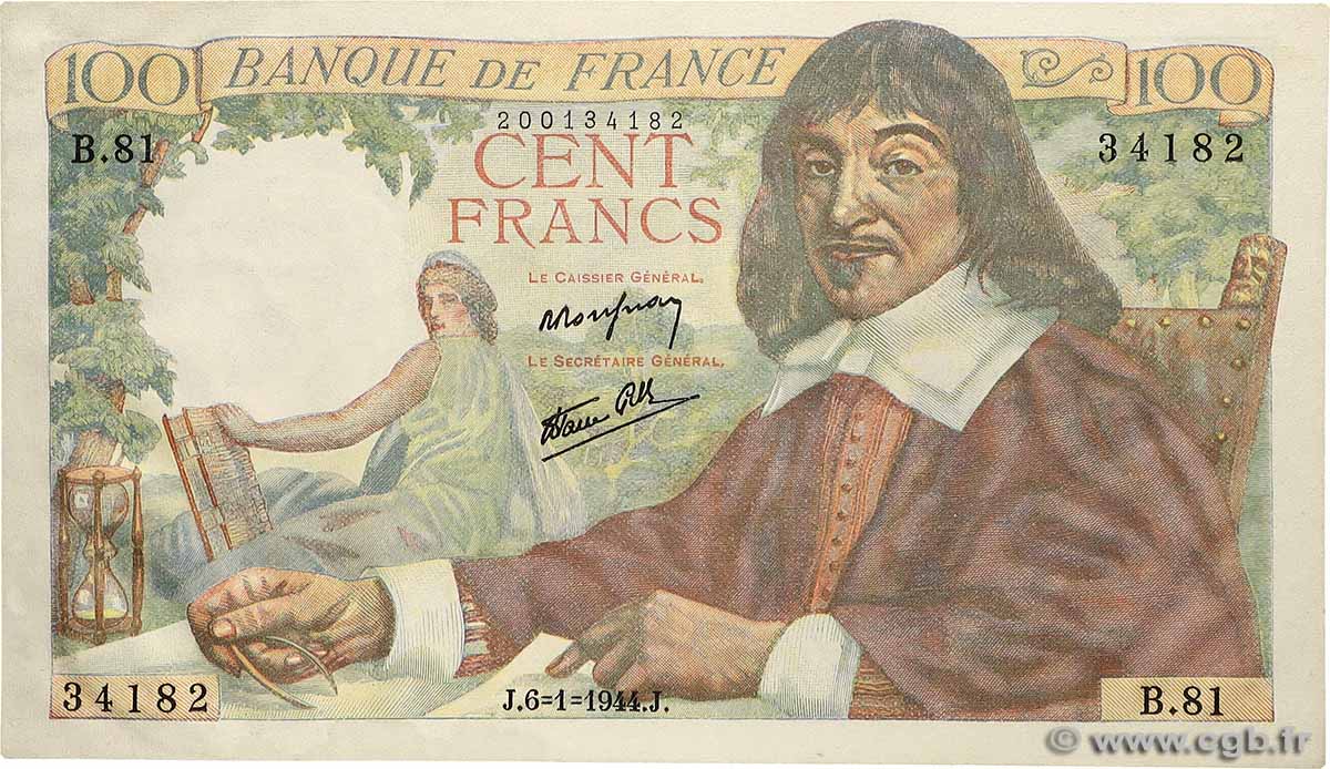 100 Francs DESCARTES FRANCE  1944 F.27.04 pr.NEUF