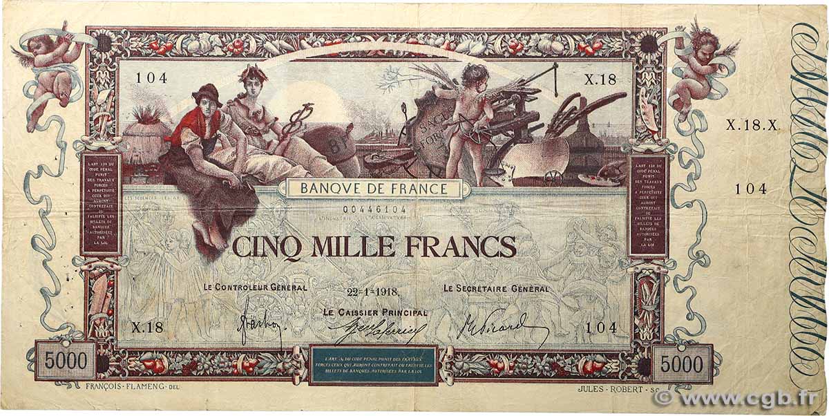 5000 Francs FLAMENG FRANCE  1918 F.43.01 TB+