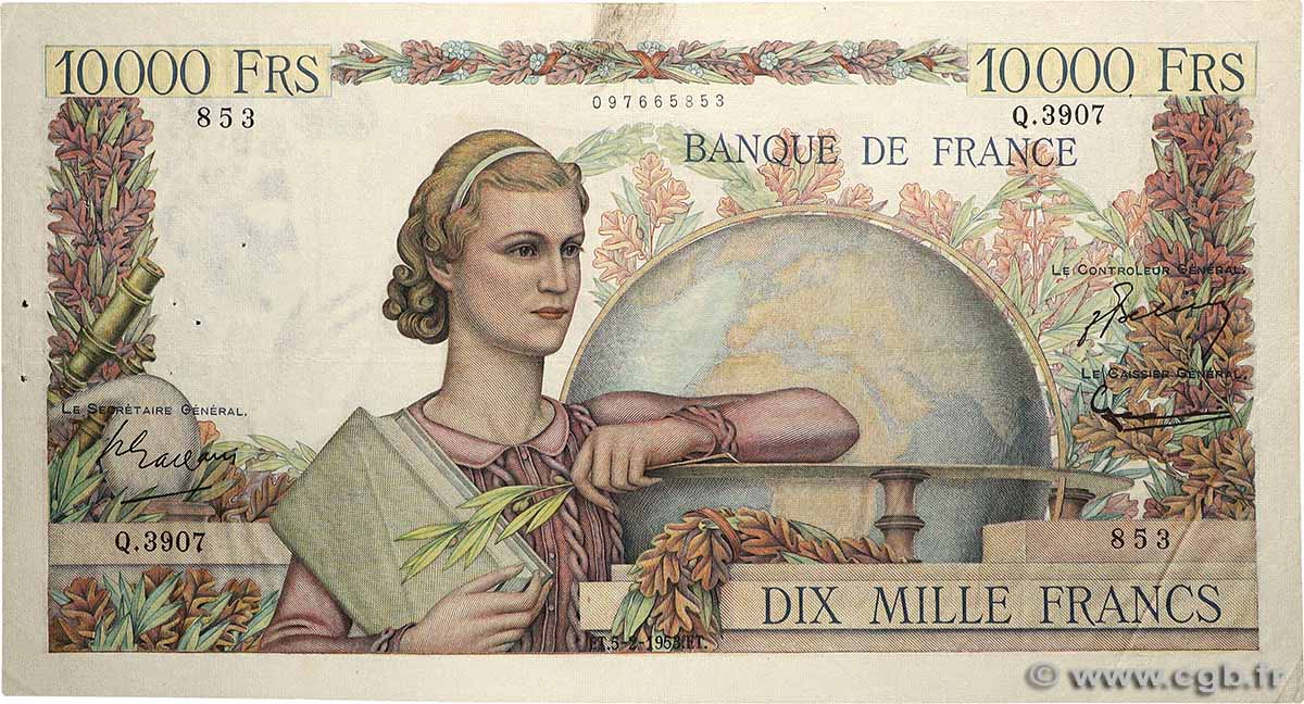 10000 Francs GÉNIE FRANÇAIS FRANCE  1953 F.50.63 TB+