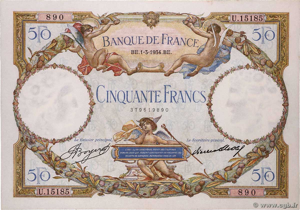 50 Francs LUC OLIVIER MERSON type modifié FRANCIA  1934 F.16.05 q.SPL